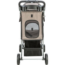 Load image into Gallery viewer, A pet stroller with a beige and black fabric body, mesh window, and silver metal frame with black wheels, shown against a plain white background.
