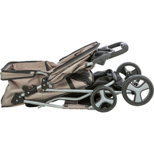 Load image into Gallery viewer, A folded stroller in a taupe-beige fabric with a silver metal frame and black wheels, shown on a plain white background.