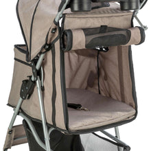 Load image into Gallery viewer, A close-up of a stroller or pet stroller seat in taupe fabric with black trim and silver metal frame, showing the interior canopy, side pocket, and padded seat area.