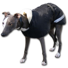 Load image into Gallery viewer, black whippet coat with reflective safety strip by Kellings Dog Coats