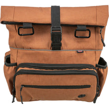 Load image into Gallery viewer, Brown roll-top backpack with black zippers on a white background