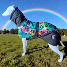 Load image into Gallery viewer, Dog wearing a colorful coat with paw prints standing on grass with a rainbow in the background