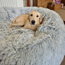 Load image into Gallery viewer, Dog lying on a fluffy gray pet bed in a home setting