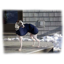 Load image into Gallery viewer, whippet coat in navy blue. made in the uk and send to snowy America