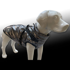 Silver Quilted Waterproof Dog Coat with Built in Harness