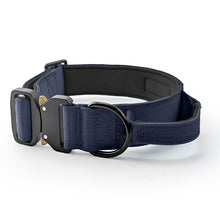 Load image into Gallery viewer, A navy blue nylon dog collar with a black plastic quick-release buckle and a black metal ring, displayed on a clean white background.