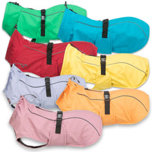 Load image into Gallery viewer, Eight vimy dog coats in assorted colors including green, blue, red, yellow, light blue, orange, and pink, arranged in a grid on a white background.