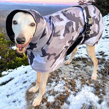Load image into Gallery viewer, Camouflage whippet and greyhound coats with harness hole