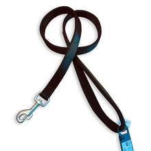 Load image into Gallery viewer, A black dog leash with a textured woven strap, a silver metal clip, and a blue plastic handle tag, shown on a plain white background.