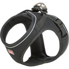 Load image into Gallery viewer, Black dog harness with reflective stripes on a white background