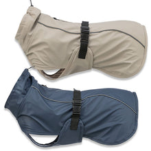 Load image into Gallery viewer, sand or dark blue dog coat with leg straps and reflective piping