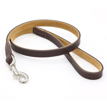 Load image into Gallery viewer, A dark brown leather dog leash with a silver metal snap hook, displayed on a clean white background.