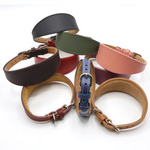 Load image into Gallery viewer, A set of leather dog collars in multiple colors, including black, green, red, brown, pink, blue, and tan, arranged on a white background.