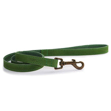 Load image into Gallery viewer, Green dog leash with a brass clasp on a white background uk leather