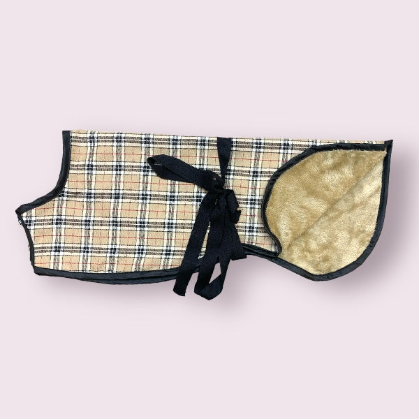 18-22'' Cream check with lightweight cuddle fleece lining Whippet Kennel/House Coat for Indoors (3531)