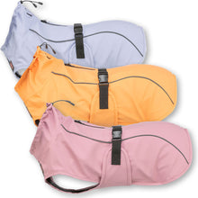 Load image into Gallery viewer, Three dog jackets in light purple, orange, and pink, arranged diagonally on a white background.