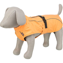 Load image into Gallery viewer, An orange dog raincoat displayed on a gray dog mannequin against a plain white background.