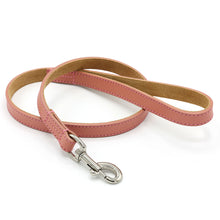 Load image into Gallery viewer, A pink leather dog leash with silver metal hardware, shown on a clean white background.