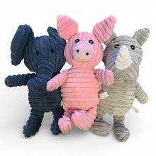 Load image into Gallery viewer, Three plush toys shaped like an elephant, pig, and rhino on a white background