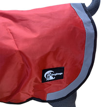 Load image into Gallery viewer, Reflective trim on the bottom and straps of these three in one all weather dog coats