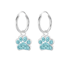 Load image into Gallery viewer, light blue hoop drop earrings paw print sterling 925 silver