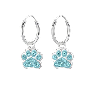 light blue hoop drop earrings paw print sterling 925 silver