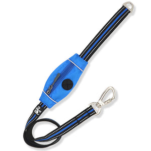 Blue dog lead with built in poo bag and reflective detailing