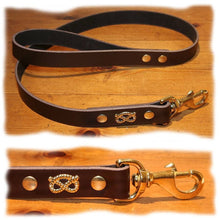 Load image into Gallery viewer, Brown staffordshire bull terrier leather leads with brass knot design
