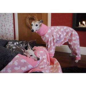 Fleece whippet lurcher greyhound onesies in grey our pink with rabbits design. Ideal house coat. 