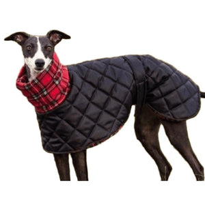whippet coat with snood. waterproof with harness hole and fleece lining