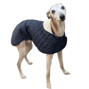 Padded greyhound coat in blue with matching tartan lining and a fur collar
