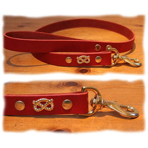 Red leather staffordshire bull terrier lead with brass knot design