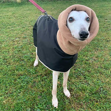 Load image into Gallery viewer, Black greyhound coat with harness hole opening for use with harness