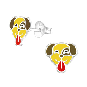 childrens silver earrings. happy dog with tongue design. sterling 925 silver earrings