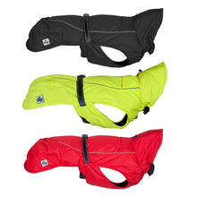 Load image into Gallery viewer, three colours of dog coats with harness holes for winter dog wear