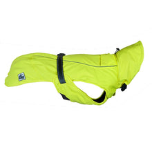 Load image into Gallery viewer, dog coat for use with harness, fleece lined, waterproof, hood, fully adjustable for cosy fit