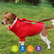 Load image into Gallery viewer, Jack Russel wearing a polar fleece red dog jumper with velcro back fastener and short front legs