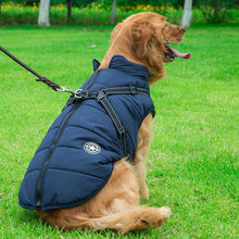 Load image into Gallery viewer, blue padded winter dog coat with built in harness