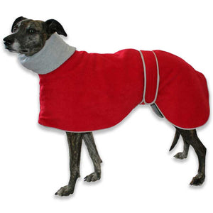 red of blue, double fleece greyhound coat with built in snood