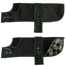 Load image into Gallery viewer, dachshund waxed dog coat with corded collar and cotton tartan lining
