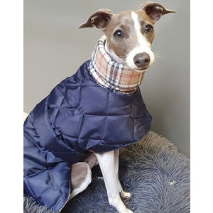 Whippet coat that is waterproof & fleece-lined with fleece snood and option of adding a harness hole