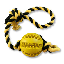 Load image into Gallery viewer, yellow/black bee-design rope dog toy with molar ball
