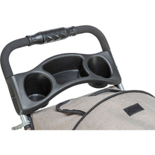 Load image into Gallery viewer, Close-up of a black plastic cart accessory with two cup holders attached to a wheeled cart handle, shown against a white background.
