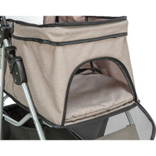 Load image into Gallery viewer, A close-up of a pet stroller carrier or pet bed in a heathered taupe fabric with black trim and mesh panels, attached to a silver stroller frame.

