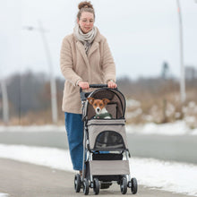 Load image into Gallery viewer, A woman pushes a stroller on a snowy path, with a small dog sitting inside the stroller. The stroller is gray and black with mesh windows.
