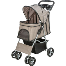 Load image into Gallery viewer, A pet stroller in taupe and black, featuring a canopy, front mesh window, side storage pocket, and a black storage basket underneath, set against a plain white background.
