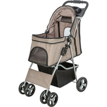 Load image into Gallery viewer, A beige and black pet stroller with a silver metal frame, four black wheels, and a storage basket underneath, shown on a plain white background.
