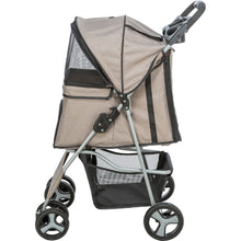 Load image into Gallery viewer, A beige and black pet stroller with a silver metal frame, four wheels, and a storage basket, shown against a plain white background.
