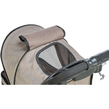 Load image into Gallery viewer, Close-up of a stroller canopy in a taupe-beige fabric with black trim and a mesh window, attached to a black stroller handlebar against a white background.
