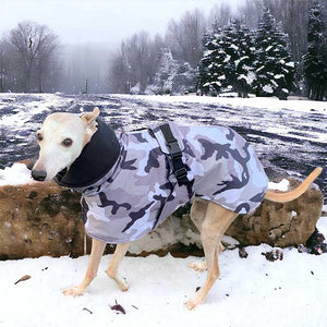 Camouflage whippet and greyhound coats with harness hole